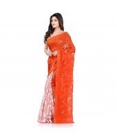 Desh Bidesh Women`s Bengal Handloom Tant Soft Dhakai Jamdani Cotton Saree Whole Body Design (Orange White)
